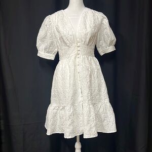 Elegant White Puff Sleeve Dress, with corseted waist.